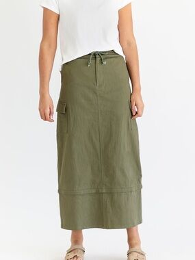 Inherit Zarina Cargo Midi Convertible Maxi Skirt Straight Fit Olive Green Modest